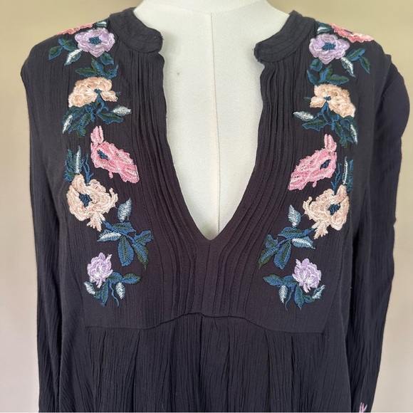 Free People Embroidered Floral Long Sleeve Dress Boho Women S Black Gauzy Mia - Picture 3 of 11